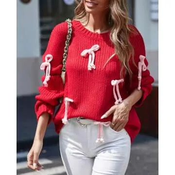 Saodimallsu Womens Bow Sweater Chunky Knit Crew Neck Long Sleeve Y2k Drop Shoulder Pullover Jumpers Red