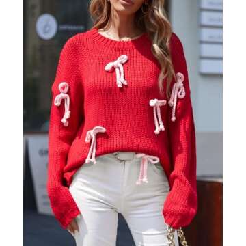 Saodimallsu Womens Bow Sweater Chunky Knit Crew Neck Long Sleeve Y2k Drop Shoulder Pullover Jumpers Red