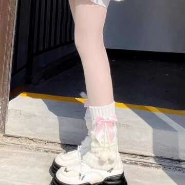 Brexiamin Long Lolita Leg Warmers for Women Harajuku Japanese Wool Cable Knit Thigh High Leg Warmers Loose Socks (Pink)