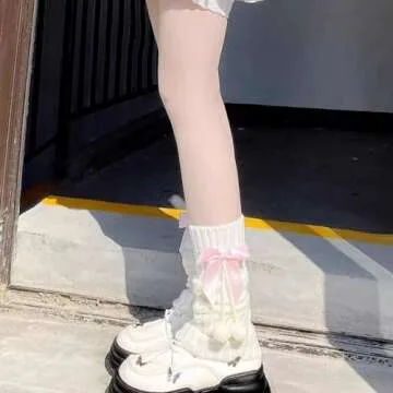 Brexiamin Long Lolita Leg Warmers for Women Harajuku Japanese Wool Cable Knit Thigh High Leg Warmers Loose Socks (Pink)