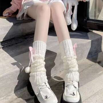 Brexiamin Long Lolita Leg Warmers for Women Harajuku Japanese Wool Cable Knit Thigh High Leg Warmers Loose Socks (Pink)