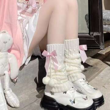 Brexiamin Long Lolita Leg Warmers for Women Harajuku Japanese Wool Cable Knit Thigh High Leg Warmers Loose Socks (Pink)