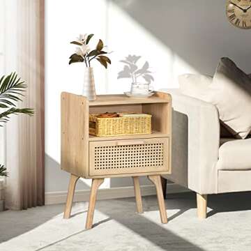 Lerliuo Rattan Nightstand, Boho Side Table with Drawer Open Shelf, Cane Accent Bedside End Table wit...