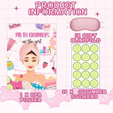 Ireer 38 Pieces Spa Party Games Pin The Cucumbers on The Girl Spa Stickers Poster with Blindfolds Spa Game Makeup Party Decorations for Kids Girl Women Spa Birthday Party Supplies Decorations
