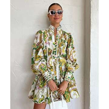 Roiii Women A-Line Lace Loose Baroque Button Down Long Sleeve Casual Dresses V Neck Embroidery Party Short Dress