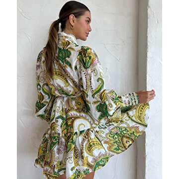 Roiii Women A-Line Lace Loose Baroque Button Down Long Sleeve Casual Dresses V Neck Embroidery Party Short Dress