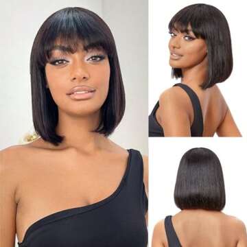 SQPLXK Human Hair Wigs with Bangs Brazilian Short Bob Wigs For Woman Bob Straight Hair Wigs Glueless...