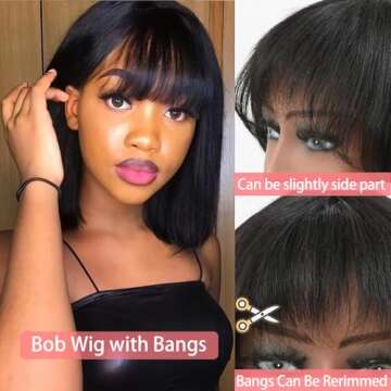 SQPLXK Human Hair Wigs with Bangs Brazilian Short Bob Wigs For Woman Bob Straight Hair Wigs Glueless Machine Made Wigs Natural Color 10 Inch