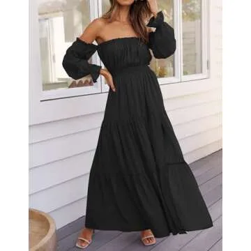 ZESICA Women's 2024 Boho Sexy Off Shoulder Long Sleeve Smocked High Waist Side Split Flowy A Line Tiered Long Maxi Dress,DarkBlack,Large