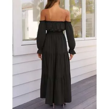 ZESICA Women's 2024 Boho Sexy Off Shoulder Long Sleeve Smocked High Waist Side Split Flowy A Line Tiered Long Maxi Dress,DarkBlack,Large