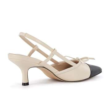Coutgo Women's Bow Tie Slingback Pumps Pointed Toe Kitten Low Heel Patchwork Dress Heeled Sandals, Beige, Size 8