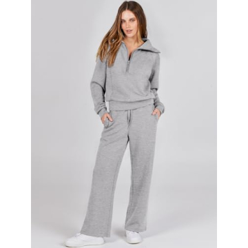 ANRABESS Women 2 Piece Outfits Sweatsuit Oversized Sweatshirt Sweatpants Tracksuit Sweat Lounge Matching Set 2024 Fall Trendy Light Grey Small