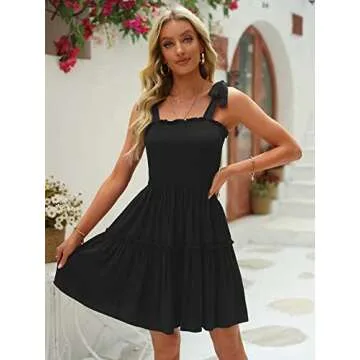 Ailsi Black Sundresses for Women 2023 Casual Smocked Sleeveless Graduation Cowgirl Knee Length Summer Sun Dress Mini(Small,Black)