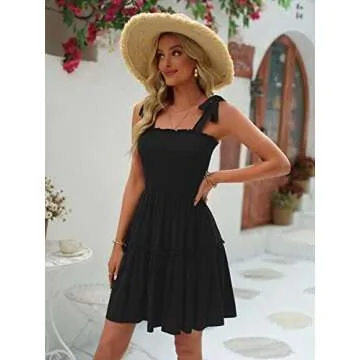 Ailsi Black Sundresses for Women 2023 Casual Smocked Sleeveless Graduation Cowgirl Knee Length Summer Sun Dress Mini(Small,Black)