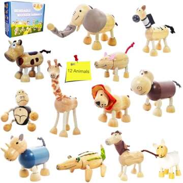TEKOR Bendable Wooden Animal Toys (Set of 12) | Ages 3 & up | Fun & Posable Animals for Toddlers | Preschool Montessori Toys | Smooth Natural Wood | Endless Play for Girls & Boys