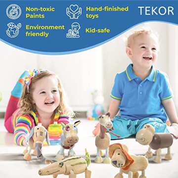 TEKOR Bendable Wooden Animal Toys (Set of 12) | Ages 3 & up | Fun & Posable Animals for Toddlers | Preschool Montessori Toys | Smooth Natural Wood | Endless Play for Girls & Boys