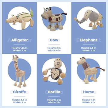 TEKOR Bendable Wooden Animal Toys (Set of 12) | Ages 3 & up | Fun & Posable Animals for Toddlers | Preschool Montessori Toys | Smooth Natural Wood | Endless Play for Girls & Boys