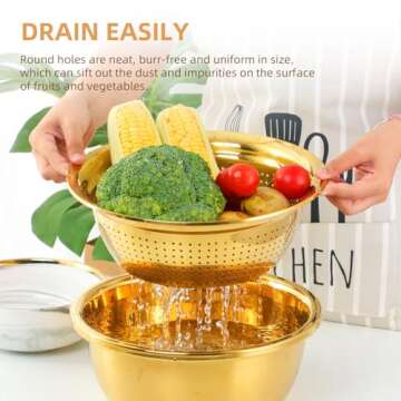 Meisha Colander, 3Pcs Stainless Steel Kitchen Tool 3 in 1 Drain Basket Fruit and Vegetable Cutter Strainer Bowl Set Drain Pot Basket Grater for Fruits Vegetables Rice Washing Mixing - Gold