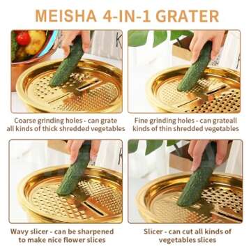 Meisha Colander, 3Pcs Stainless Steel Kitchen Tool 3 in 1 Drain Basket Fruit and Vegetable Cutter Strainer Bowl Set Drain Pot Basket Grater for Fruits Vegetables Rice Washing Mixing - Gold