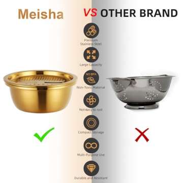 Meisha Colander, 3Pcs Stainless Steel Kitchen Tool 3 in 1 Drain Basket Fruit and Vegetable Cutter Strainer Bowl Set Drain Pot Basket Grater for Fruits Vegetables Rice Washing Mixing - Gold