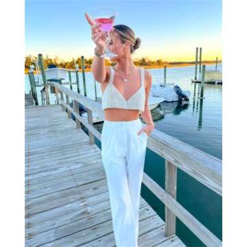 Women Sexy Pearls Beaded Cami Top Pearl Crop Top Spaghetti Strap Bra Cover up Top Tank Top Party Str...