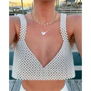 Women Sexy Pearls Beaded Cami Top Pearl Crop Top Spaghetti Strap Bra Cover up Top Tank Top Party Streetwear (One Size, Style-B)