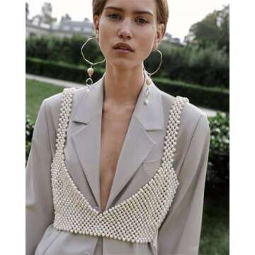 Women Sexy Pearls Beaded Cami Top Pearl Crop Top Spaghetti Strap Bra Cover up Top Tank Top Party Streetwear (One Size, Style-B)