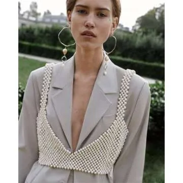 Women Sexy Pearls Beaded Cami Top Pearl Crop Top Spaghetti Strap Bra Cover up Top Tank Top Party Streetwear (One Size, Style-B)