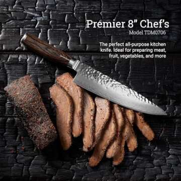Shun Premier 8" Chef's Knife, Handcrafted Japanese Kitchen Knife for Professional and Home Chefs, VG-MAX Core with Damascus Stainless Steel Cladding, Pakkawood Handle
