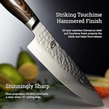 Shun Premier 8" Chef's Knife, Handcrafted Japanese Kitchen Knife for Professional and Home Chefs, VG-MAX Core with Damascus Stainless Steel Cladding, Pakkawood Handle
