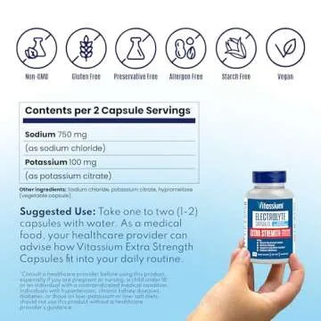 Vitassium Extra Strength Electrolyte Capsules, 750mg of Sodium for The Management of POTS and High Sodium Diets, Unflavored, 100 Salt Pills (Size 00)