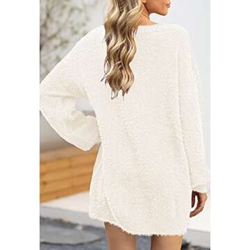 Cutiefox Womens Crew Neck Oversized Puff Sleeve Long Pullover Knit Sweater Mini Dress White S