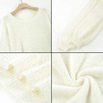 Cutiefox Womens Crew Neck Oversized Puff Sleeve Long Pullover Knit Sweater Mini Dress White S