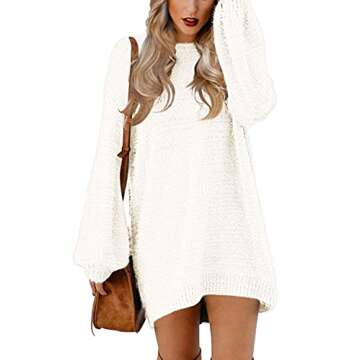 Cutiefox Womens Crew Neck Oversized Puff Sleeve Long Pullover Knit Sweater Mini Dress White S