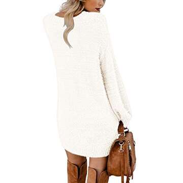 Cutiefox Womens Crew Neck Oversized Puff Sleeve Long Pullover Knit Sweater Mini Dress White S