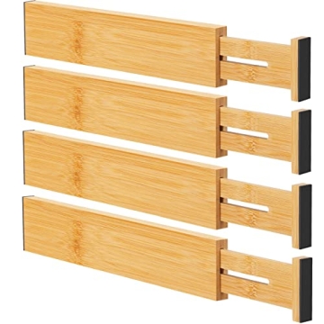 Ryqtop Bamboo Drawer Dividers Organizers - Adjustable, Eco-Friendly and Stylish 4-Pack