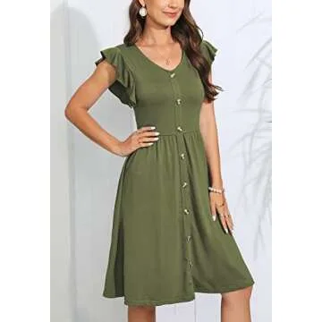 Lamilus Summer Casual Ruffle Sleeve V-Neck A-Line Dress
