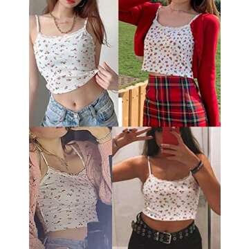 Floral Cami Top Women Summer Graphic Sexy Y2k Lace Trim Ribbed Crop Tank Top Basic Cropped Camisole (S, Red Floral White)