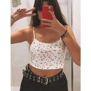 Floral Cami Top Women Summer Graphic Sexy Y2k Lace Trim Ribbed Crop Tank Top Basic Cropped Camisole (S, Red Floral White)