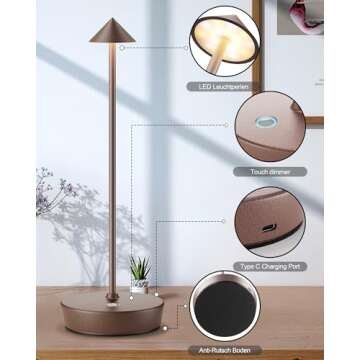 SHANGCAI Cordless Table Lamps Rechargeable, 6000mAh Battery Operated LED Desk Lamp Outdoor Waterproof Portable Touch Dimmable Table Night Light for Patio Restaurant Dining Home Rust