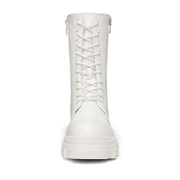 DREAM PAIRS Women's DMB215 Combat Boots Lace up Mid Calf Boots Low Heel Chunky Platform Riding Boots, White, Size 7