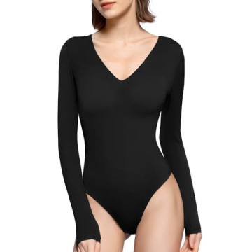 PUMIEY Body Suit for Women V Neck Long Sleeve Bodysuit Sexy T Shirts Going Out Tops, Jet Black Small