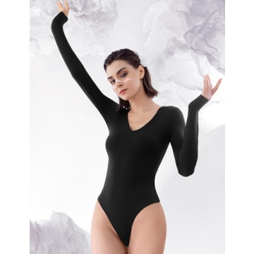 PUMIEY Body Suit for Women V Neck Long Sleeve Bodysuit Sexy T Shirts Going Out Tops, Jet Black Small