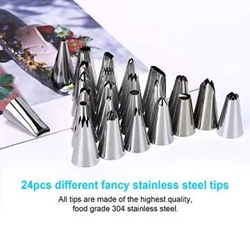 34Pcs Piping Bags and Tips Set, Bake Cake Decorating Kit with 24 Stainless Steel Tips, 2 Reusable Silicone Pastry Bags, 3 Icing Smoother, 2 Couplers, 2 Frosting Bags Ties and 1Pipe Brush