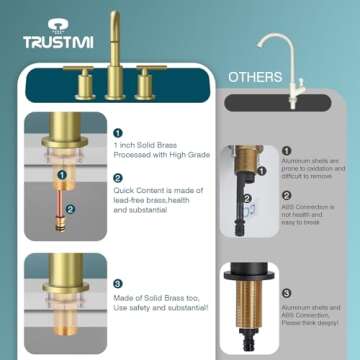 TRUSTMI Brushed Gold Bathroom Faucet 3 Hole Widespread 2-Handle 8 Inch Brass Bathroom Sink Faucet with Overflow Pop Up Drain and cUPC Waterlines