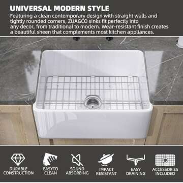ZUAGCO Small Farmhouse Sink 24 X18 White Fireclay Apron Front Farm Sink Undermount Kitchen Sinks Deep Single Bowl Drop in Modern Sink For Kitchen with Protective Bottom Grid and Strainer