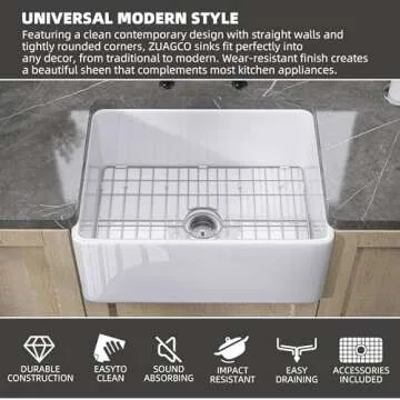 ZUAGCO Small Farmhouse Sink 24 X18 White Fireclay Apron Front Farm Sink Undermount Kitchen Sinks Deep Single Bowl Drop in Modern Sink For Kitchen with Protective Bottom Grid and Strainer