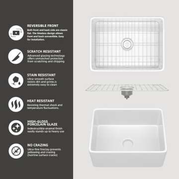 ZUAGCO Small Farmhouse Sink 24 X18 White Fireclay Apron Front Farm Sink Undermount Kitchen Sinks Deep Single Bowl Drop in Modern Sink For Kitchen with Protective Bottom Grid and Strainer