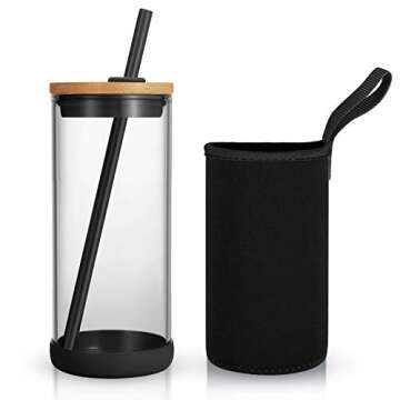 Tronco 20oz Glass Tumbler with Straw and Bamboo Lid - Nylon Bottle Protection Sleeves,Stylish Smooth...