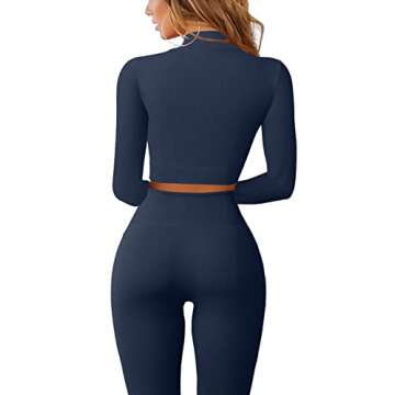 QINSEN Workout Sets for Women 2 Piece Seamless Long Sleeve Crop Tops Ribbed High Waist Leggings (M, Y118 Dark Blue)